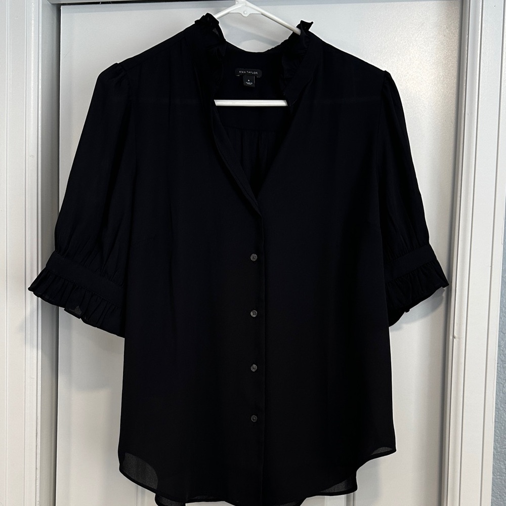 Ann Taylor slightly sheer black dressy ruffled top